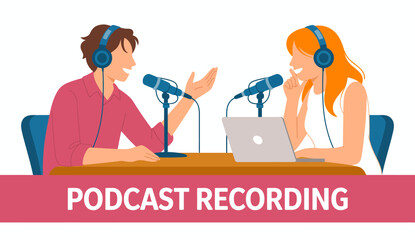 A vibrant scene showing two podcasters engaged in a lively dialogue across microphones, symbolizing creativity and connection through audio discussions.