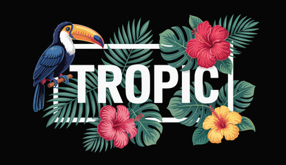 A vivid illustration depicting a toucan amidst lush tropical flowers and greenery, embodying the vibrant essence of the tropics with artistic flair. © Miaochan