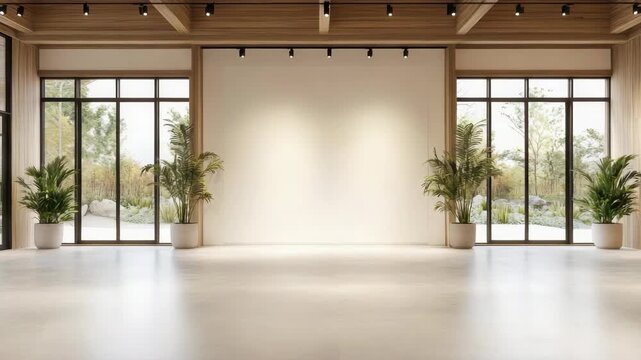 Modern empty event hall interior with large windows and potted plant pots showcasing wooden beams