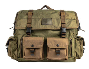 Green canvas backpack, brown pockets, black buckles