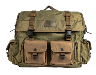 Green canvas backpack, brown pockets, black buckles