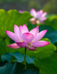 Obraz premium Close-up of a blooming pink lotus flower with other blooms in the background