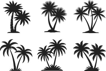 Black and white palm tree silhouette set, tropical coconut palm collection in minimal flat style, summer beach nature icons for travel and design projects