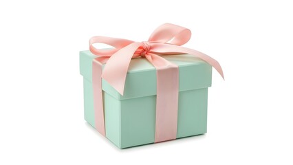 Obraz premium A gift box wrapped in light blue paper with a pink ribbon