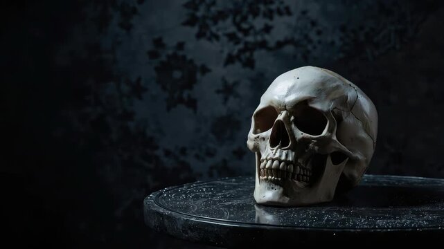 Human skull portrait marble table with moody lighting, textured wall and dramatic eerie atmosphere