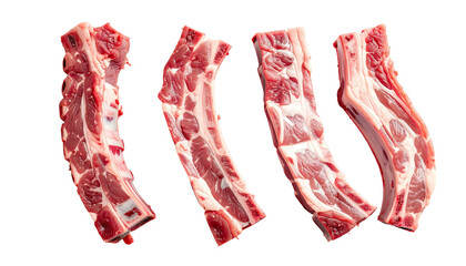 Four fresh cuts of raw pork ribs on a black background