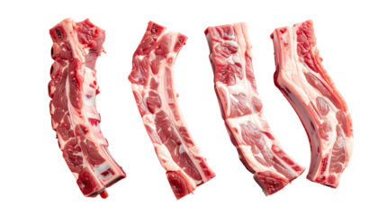 Four fresh cuts of raw pork ribs on a black background