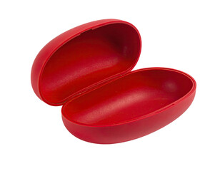 Open, red, egg-shaped plastic case interior view