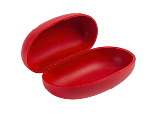 Open, red, egg-shaped plastic case interior view
