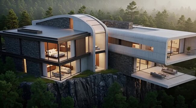 Luxury Cantilevered Cliff Villa: Modern Glass House Pine Forest Golden Sunset