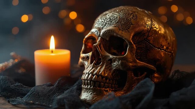 Ornate gold skull candle gothic dark macabre warm glow bokeh lace drape ornate skull gold candle