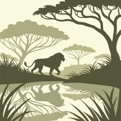 Obraz premium A majestic lion walking through the african savanna silhouetted against a waterhole and lush green trees high quality
