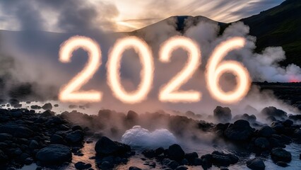 Glowing 2026 text overlay on a dramatic cloudy sky background