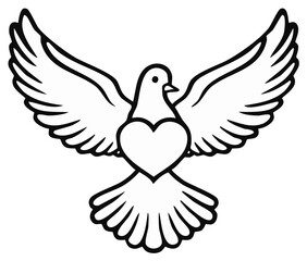 Obraz premium Dove with heart wings spread open in flight symbol of love and peace outline