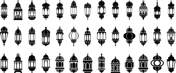 Different lanterns elegant, vintage, and Arabic-inspired aesthetic silhouettes collection, traditional Middle Eastern and Moroccan styles, simple graphic collection, Vector illustration.  © Madusanka
