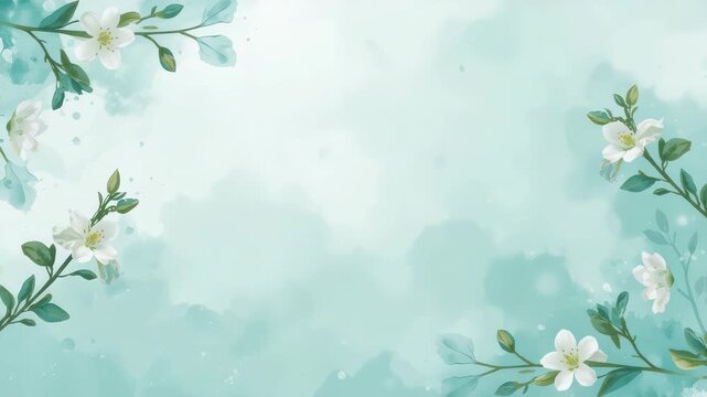 Delicate white blossom teal watercolor floral border spring background blossom branch green leaf