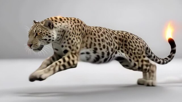 Stunning leopard with fiery tail in dynamic pose