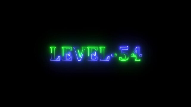 Level -54 blue and green neon bright text font colorful motion animation. Ideal for futuristic game intros animation. Neon level 54 up sing on black background.