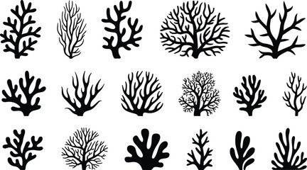 Black coral silhouettes collection isolated on white background, marine reef shapes set for ocean design, underwater illustrations, logos, and decorative graphics © Babulur 