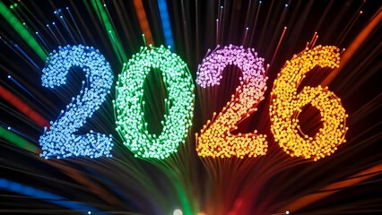 Vibrant 2026 neon number with multicolored lights and laser beams
