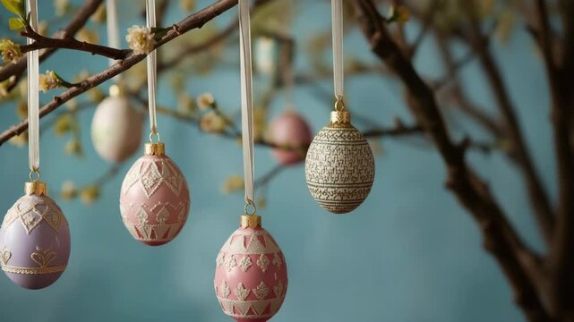 Pastel decorated Easter egg ornament hanging from blossoming branch soft joyful spring mood