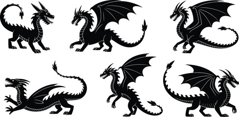 Obraz premium Black dragon silhouette collection isolated on white background, fantasy mythical creatures set for tattoo design, gaming graphics, logos, and illustrations