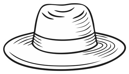 Classic hat sketch illustration icon featuring a wide brim and decorative band, outlined in black