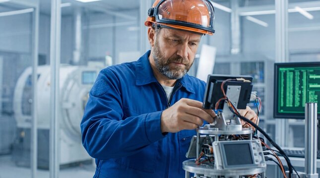 Russian Industrial technician equipment maintenance engineer performing technical inspection diagnostic testing machinery repair facility ensuring operational reliability safety compliance performance