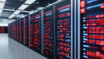 High tech server rack corridor and server room data center with glowing red and blue lights - Powered by Adobe