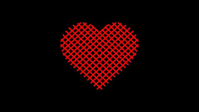 Modern red cross-hatch heart animation on black background featuring a geometric lattice pattern for digital love themes and medical cardiology video designs.
