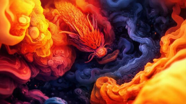Vibrant abstract dragon swirling orange and blue clouds with surreal energetic motion
