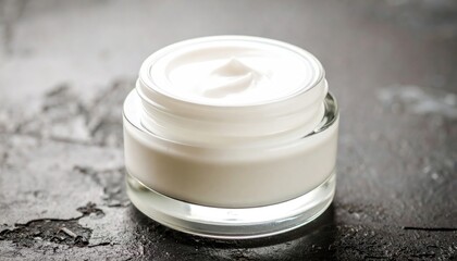 Close-up of a jar of white cream on a textured surface.