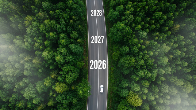 Aerial view of a lone car driving along a forest road marked 2026, 2027, and 2028, symbolizing journey, progress, future planning, and time ahead together.
