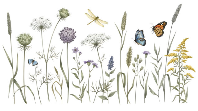 Delicate wildflowers and a dragonfly illustration botanical art nature inspired design isolated on transparent background
