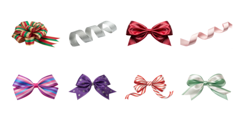 Collection of assorted decorative festive gift wrapping bows ribbons and curly streamers on transparent background