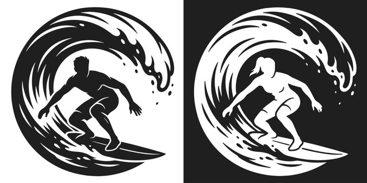 Surfing illustration. Representing male and female surfers riding a wave, ocean sport activity, balance, and movement.