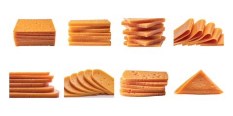 Collection of various orange cheddar or processed cheese slices stacked and fanned out illustrations on transparent background