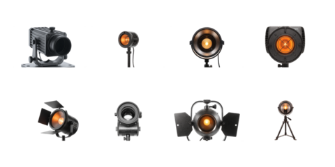 Collection of various professional film and video lighting fixtures including Fresnel and PAR style lamps on transparent background