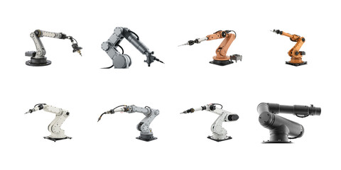 Collection of various industrial robotic arms displaying precision engineering and manufacturing automation capabilities on transparent background