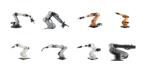 Collection of various industrial robotic arms displaying precision engineering and manufacturing automation capabilities on transparent background