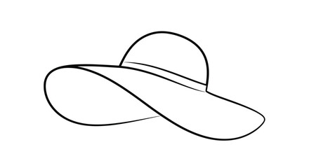Minimalist black line art illustration of an elegant woman's sun hat with a wide, floppy brim, drawn with a single continuous line.