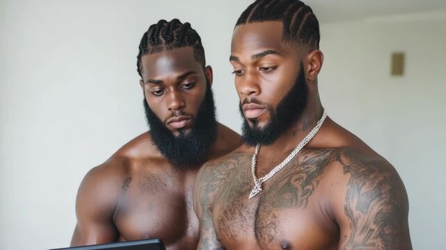 Black man braided hair beard muscular torso chest tattoo necklace shirtless duo focused tablet