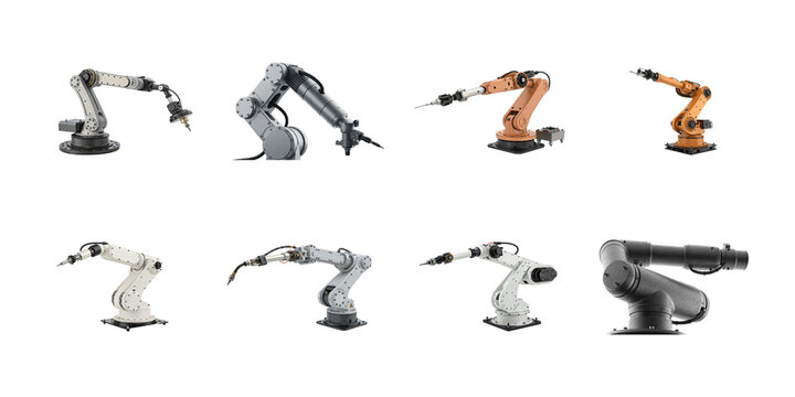 Collection of various industrial robotic arms displaying precision engineering and manufacturing automation capabilities on transparent background