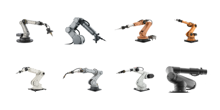 Collection of various industrial robotic arms displaying precision engineering and manufacturing automation capabilities on transparent background - Powered by Adobe
