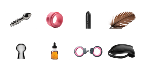 Collection of various intimate novelty items including handcuffs a feather and a sleep mask on transparent background
