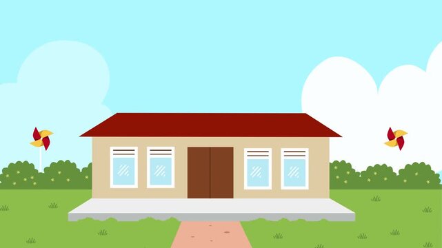 Animated School Illustration with Clouds and Windmills