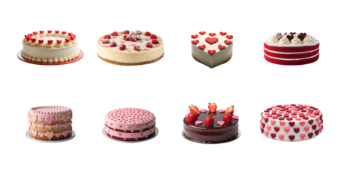 A delicious collection of eight festive heart-themed cakes perfect for celebrating love and romance on transparent background
