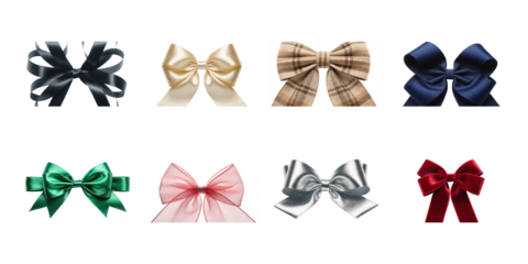 Collection of eight assorted fabric gift bows in various colors and textures for decoration on transparent background