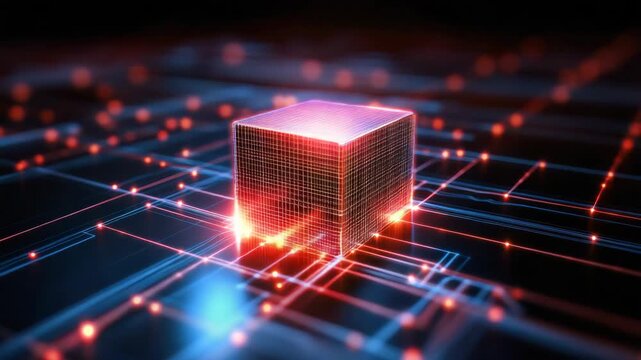 Digital glowing cube neon circuit grid showcasing futuristic data flow and vibrant network ambient