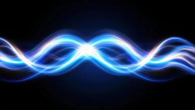 Blue light wave pattern glowing energy ribbon crossing center with vibrant glow and motion